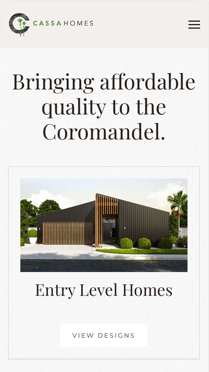 Mobile phone screenshot of Cassa website’s home page