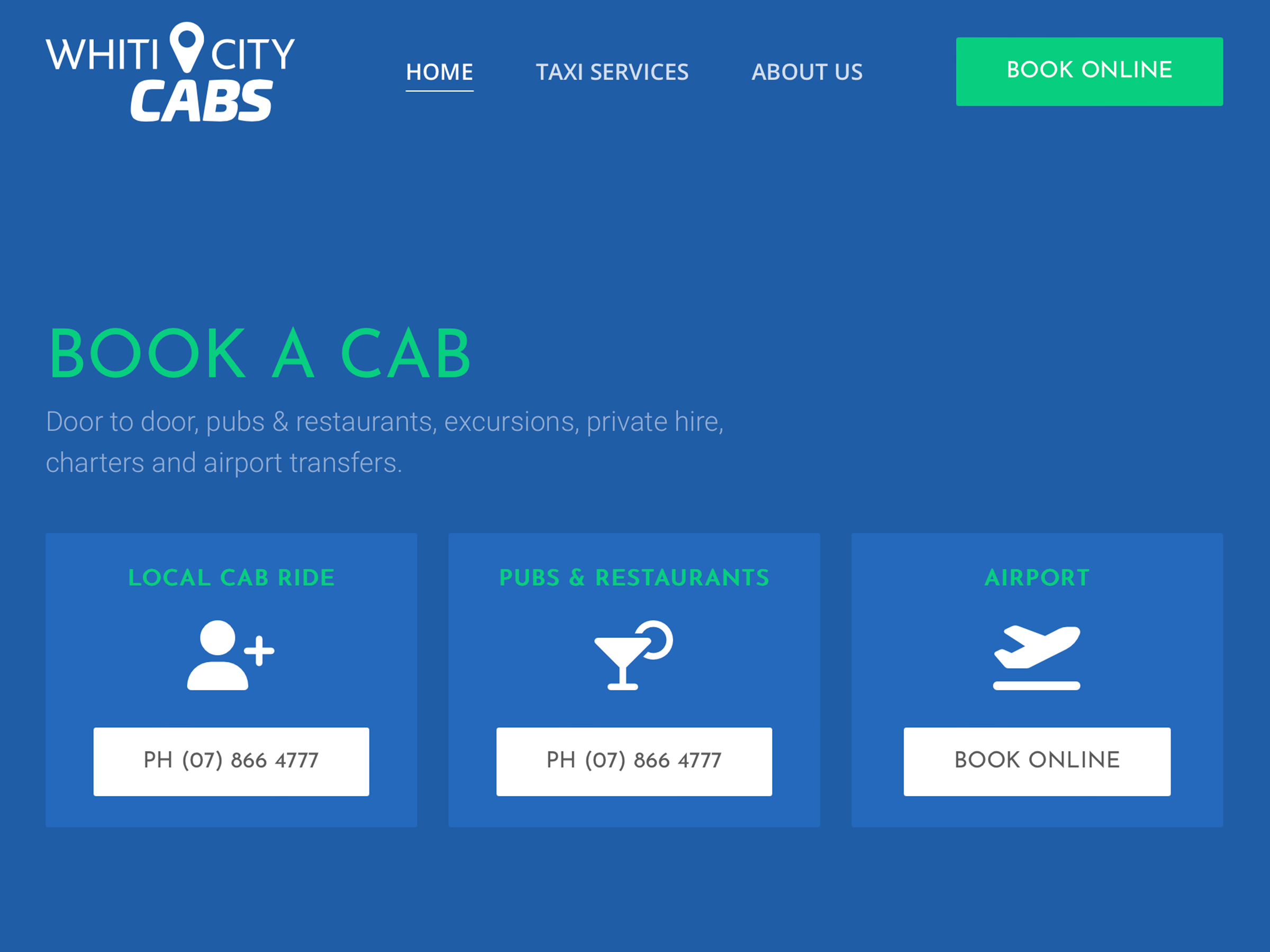 Desktop screenshot of Whiti City Cabs website&rsquo;s home page