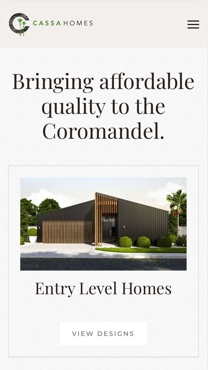 Mobile phone screenshot of Cassa website’s home page