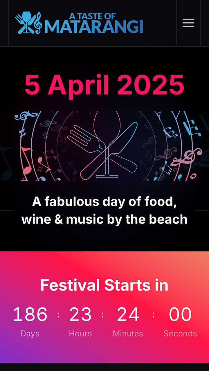 Mobile phone screenshot of A Taste of Matarangi website’s home page