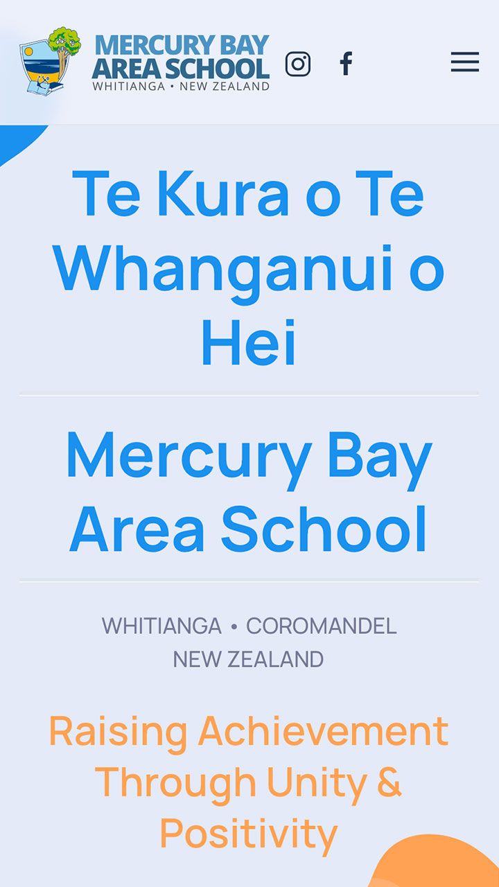 Mobile phone screenshot of Mercury Bay Area School website’s home page