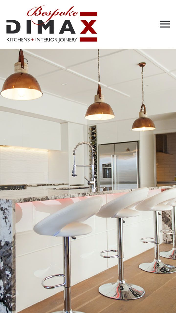 Mobile phone screenshot of Dimax website’s home page