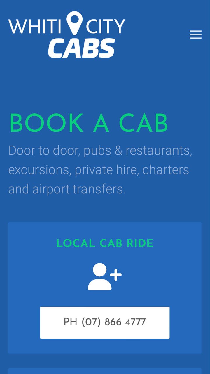 Mobile phone screenshot of Whiti City Cabs website’s home page