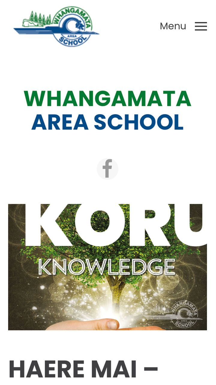 Mobile phone screenshot of Whangamata Area School website’s home page